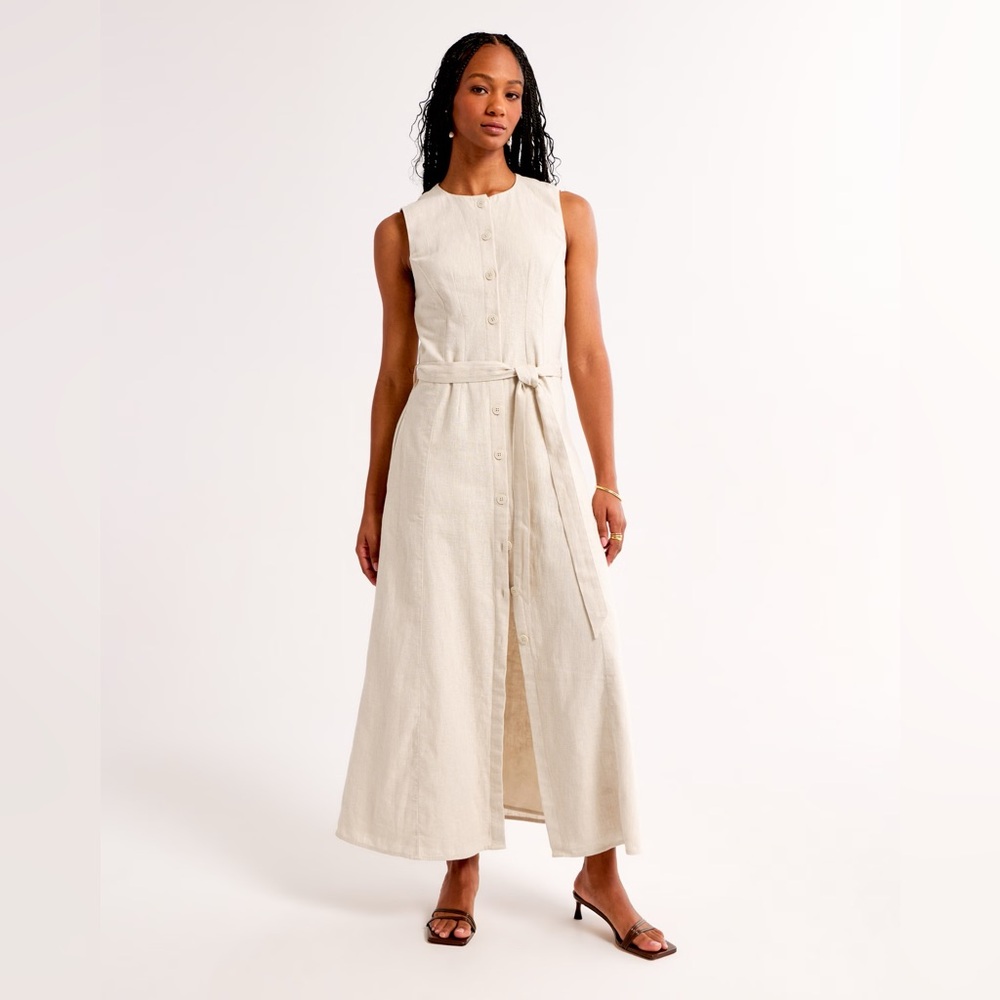 Abercrombie & Fitch Linen-Blend Belted Midi Dress Size L